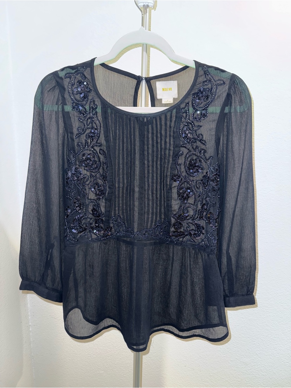 Anthropologie Maeve Sheer Beaded Pintuck Peplum Blouse Old Luxury Beachy Boho